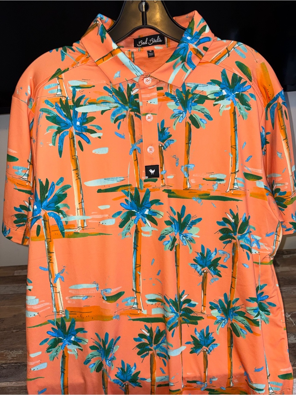 Bad Birdie Coral Palm-Print Polo with Teal and Blue Accents